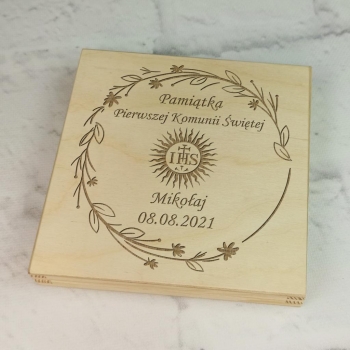 Pudełko na pieniądze na prezent Pamiątka Pierwszej Komunii Świętej IHS + imię